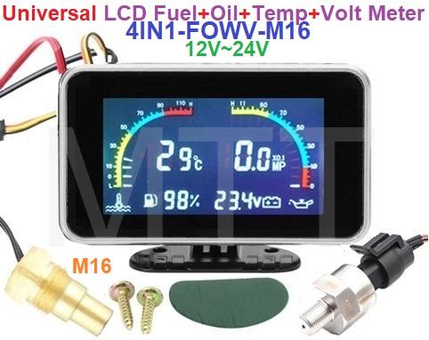 LCD Fuel+Oil+W/Temp.+Volt Meter Gauge-4IN1